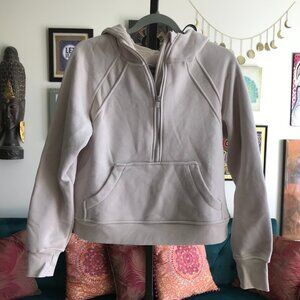 DANSKIN size S Cream Thumbholes Pullover Cropped Half Zip Hoodie Sweatshirt